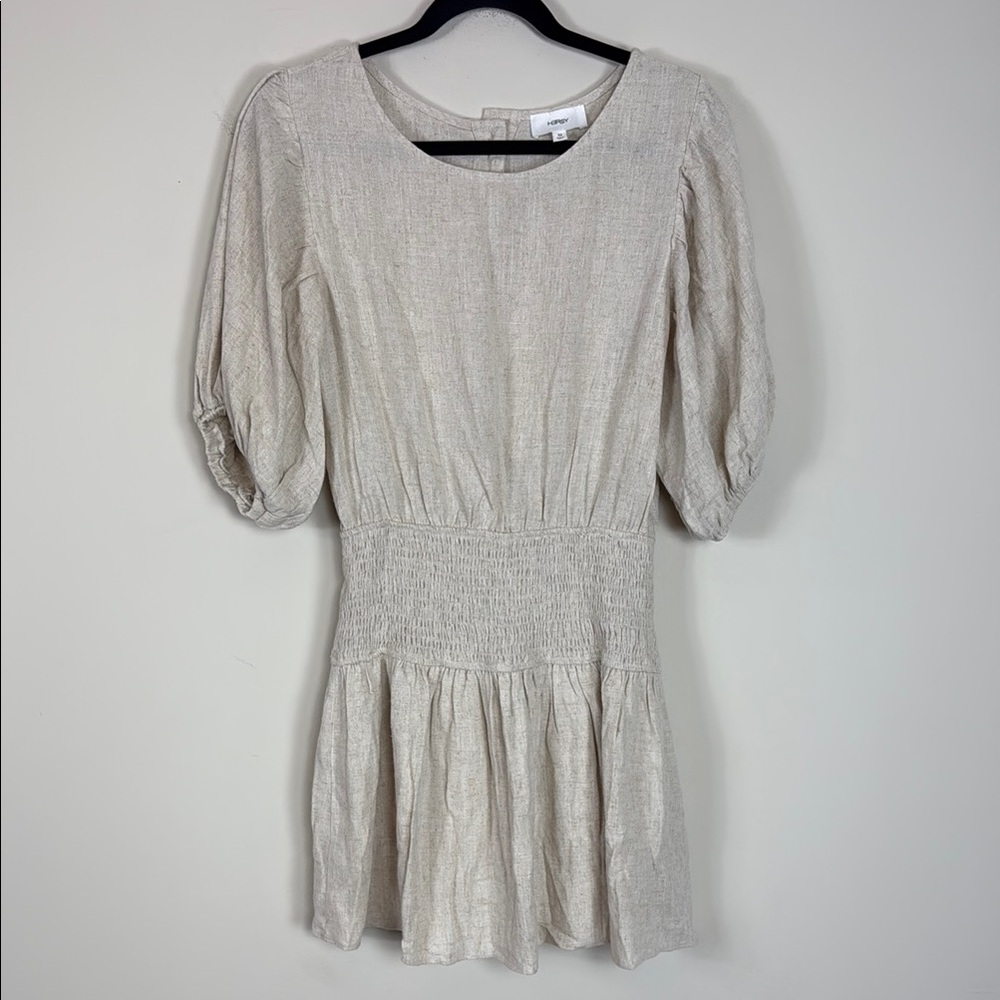 HERSY Natural Linen‎ Tiered Smocked Puff Sleeve Mini Dress Size Medium